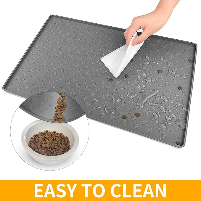 Ptlom Pet Placemat for Dog and Cat, Mat for Prevent Food and Water Overflow, Suitable for Small, Medium and Big Pet,24.5" 16.5", Grey-Mewly Pet