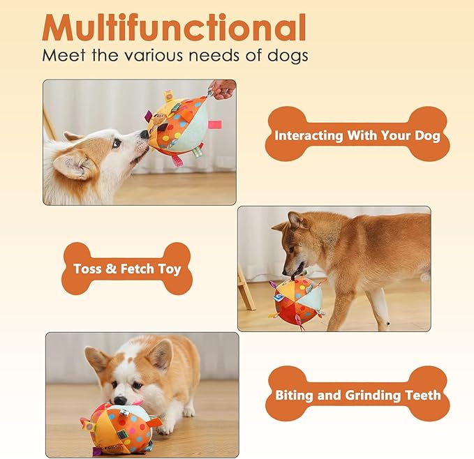 Dog Squeaky Plush Toy with Straps, 6-Inch Soft Stuffed Ball with Cotton Material and Bell Built-in, Pet Interactive Fetch Toy for Small to Large Dog-Mewly Pet
