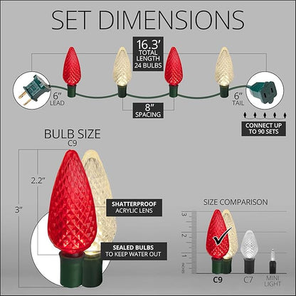 Wintergreen Lighting C9 Red and White Christmas Lights Set of 24, 16.3 Ft. LED Christmas Lights Red-Warm White Indoor-Outdoor C9
