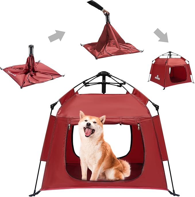 Outdoor Waterproof Pet Automatic Camping Tent, Pop up Cave Bed for Indoor Cats and Small Dogs, Portable Cat House Dog House, Red.-Mewly Pet