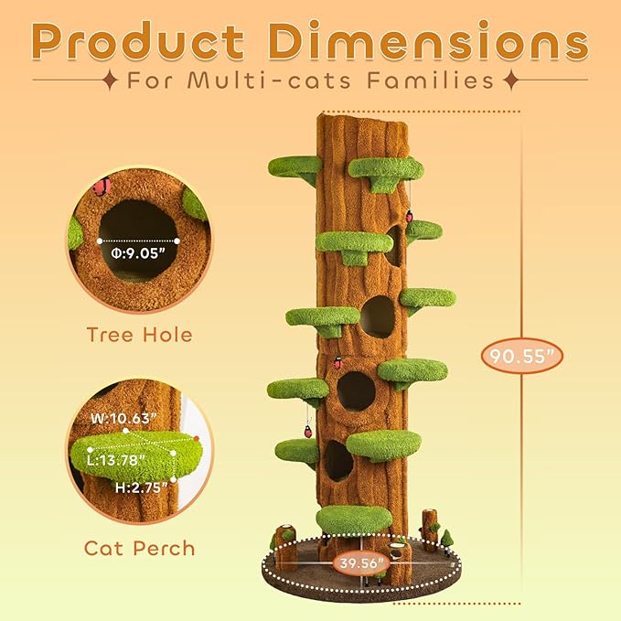 90.5'' Luxury Cat Tree for Indoor Cats, All-in-One Tall Cat Tower with Scratching Post, Multi-Level House, Wood Condo for Multi-Cat Families (Green)-Mewly Pet