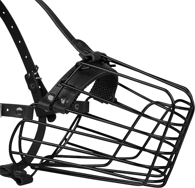 German Shepherd Dog Muzzle Metal Basket for Medium Large Dogs Adjustable Durable Leather Straps Secure Wire Mask for Biting Chewing Barking (Black, L - Size)-Mewly Pet