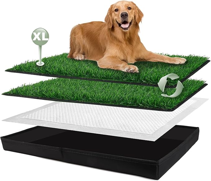 Dog Grass Pad with Foldable Dog Litter Box, Extra Large Liner Base (44”×34”) for Balcony, 2 Artficial Grass Pee Pads for Dogs, Pee Pad Holder, Potty Training-Mewly Pet