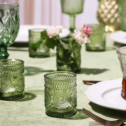 DEVI 24pcs Green Votive Candle Holders for Wedding, Glass Tea Lights Candle Holder, Green Baby Shower St. Patrick's Day Table Decor, Vintage Depression Glass Candle Holders for Table Centerpiece