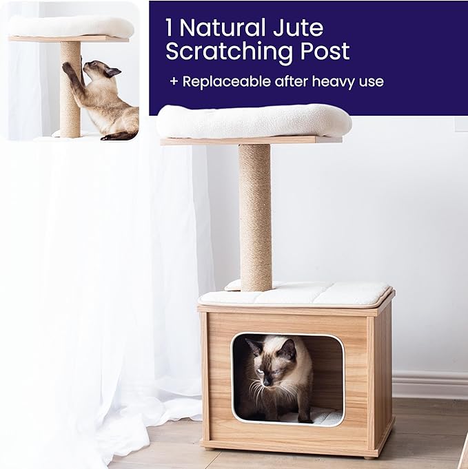 Catry 29.7" Tall 3 Level Laminated Wood Cat Tree with Large Base Condo, 2 Paded Steps, Natural Jute Scratching Post, Sturdy and Easy to Assemble for Small Cat, Brown-Mewly Pet