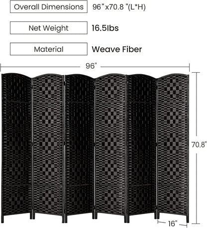 Rose Home Fashion Room Divider, 6 ft Tall Room Dividers and Folding Privacy Screens, 16in Privacy Screen 6 Panel Black Space Temporary Wall Foldable Partition Separation
