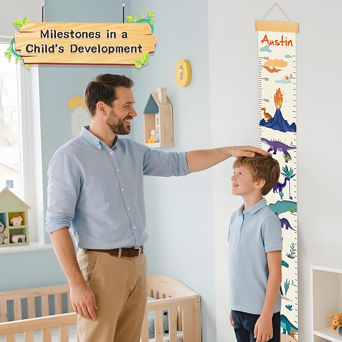 Personalized Name Growth Chart for Kids, Dinosaur Canvas Child Height Measurement, Kids Measuring Chart for Wall, Kids Room Wall Decor, Removable & Waterproof Growth Chart Ruler