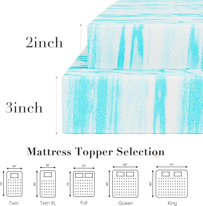 DUMOS Memory Foam Mattress Topper King, 2 Inch Thick Gel Infused Bed Toppers for King Size Bed, Soft Mattress Pads for Sleeper Sofa, RV, Camper, CertiPUR-US Certified, Blue