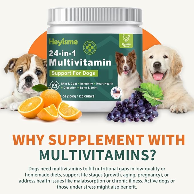 Dog Multivitamin, Glucosamine Chondroitin for Dogs, Dog Vitamins and Supplements, Probiotics, Krill Oil for Hip & Joints, Skin, Coat, Immune Health, Heart, Digestion (120 Chews, Chicken)-Mewly Pet