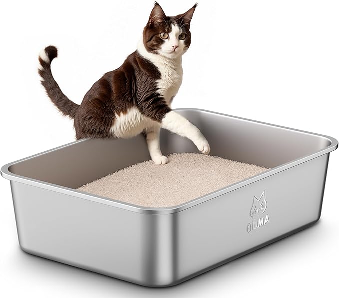 Stainless Steel Litter Box, Metal Cat Litter Box with High Sided for Big and Small Cats, Kitty Litter Boxes, Non-Stick, Easy to Clean, Odor-Free, Small Cats Toilet-Mewly Pet