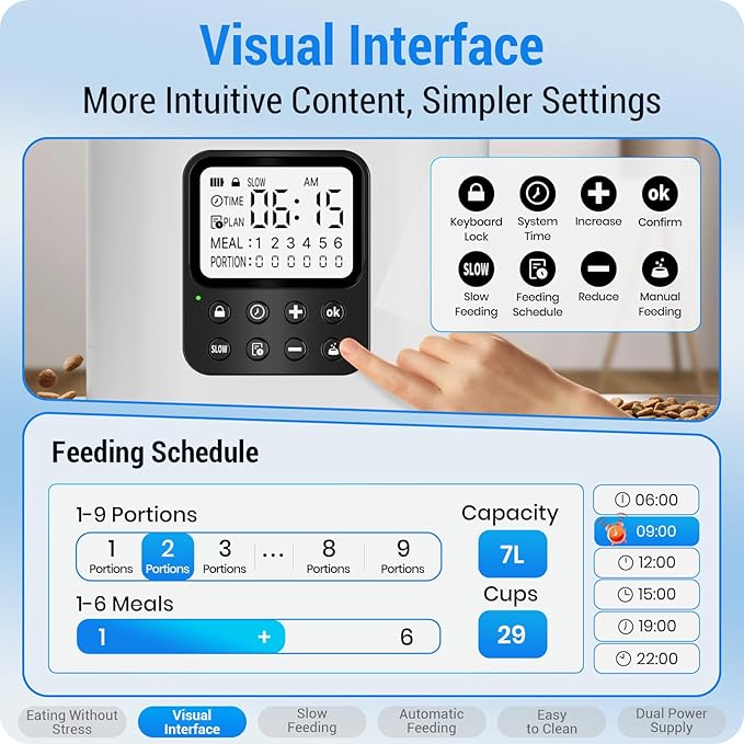 Automatic Cat Feeder with Slow Feed for 2 Cats: Timed Automatic Dog Feeder with Information Visualization Interface, Cat Food Dispenser for Multiple Pets, Detachable for Easy Cleaning-29 Cup-Mewly Pet