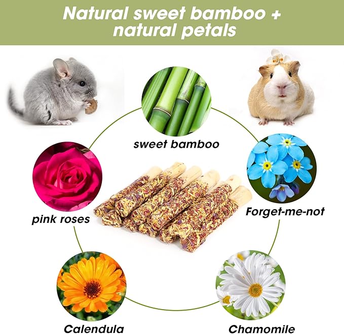 Abizoo Natural Rabbit Chew Toys,10 Sticks Sweet Bamboo Sticks for Rabbits with Petals,Bunny Chew Toys for Guinea Pig,Chinchilla,Hamster Treats Pet Wood Chews Snack Healthy Small Animals Toys for Teeth-Mewly Pet