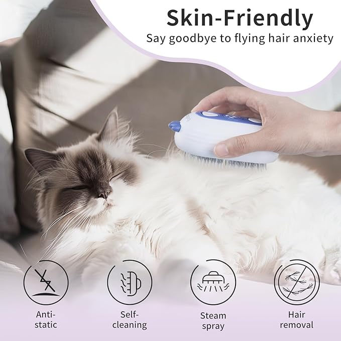 Cat Steam Brush, 3-in-1 Pet Steam Brush for Cats Shedding & Grooming, Brushes for Indoor Cats, Anti-Static Hair Removal Comb with Water Tank, Gentle Grooming Supplies for Long & Short Hair-Mewly Pet