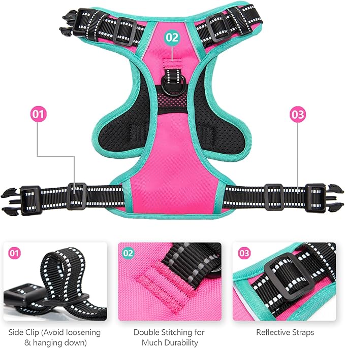 PHOEPET 2019 Upgraded No Pull Dog Harness, Reflective Adjustable Vest, with a Training Handle + 2 Metal Leash Hooks+ 3 Snap Buckles +4 Slide Buckles(M, Pink)-Mewly Pet