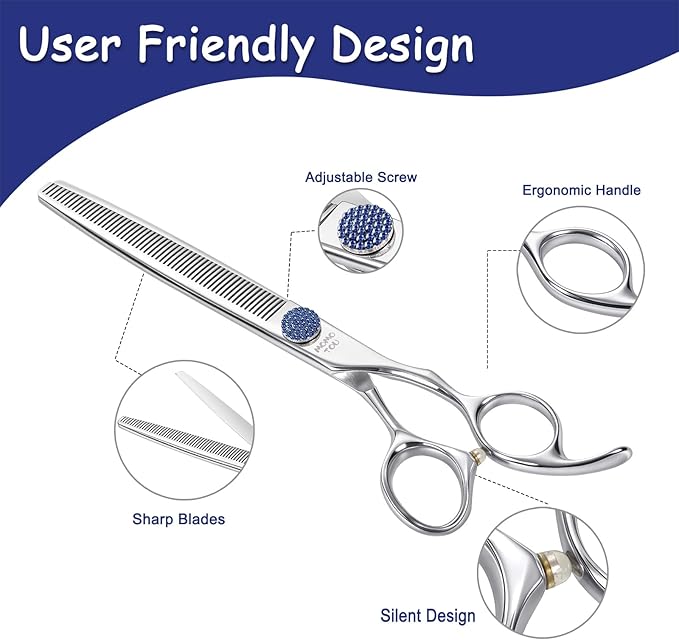 7.5'' Dog Grooming Scissors CNC 440C Blades Sharp and Durable Polished Thinning Dog Shears with Blue Diamond Adustable Screws Easy to Use for Groomer and Home User-Mewly Pet