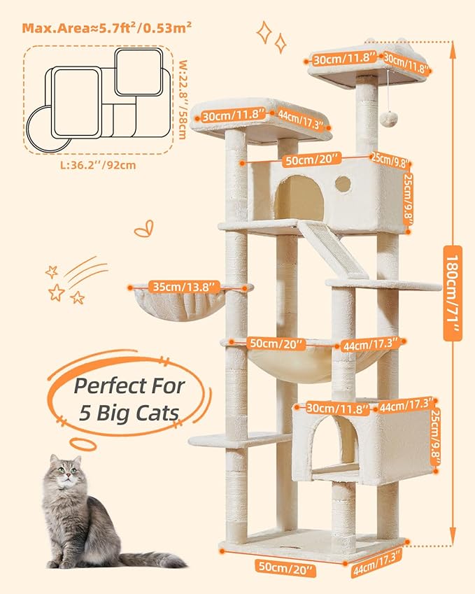 Taoqimiao Cat Tree 71-Inch, Cat Tower for Indoor Cats Large Adult, Multi-Level Large Cat Condo, 8 Sisal Scratching Posts, Metal Frame Cozy Hammock, Scratch Board, 2 Top Perches, Beige MS026LM-Mewly Pet