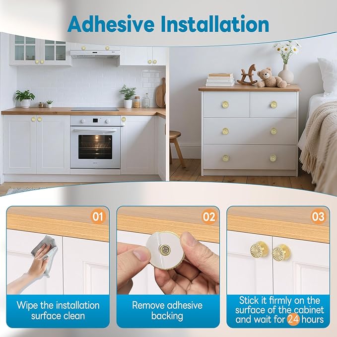 Self Adhesive Drawer Knobs, Self Stick Door Pull Handles, Zinc Alloy No Drilling Cabinet Knobs for Drawer, Closet, Window, Dresser, Sliding Barn/Glass Shower/Balcony Door (1, Gold)