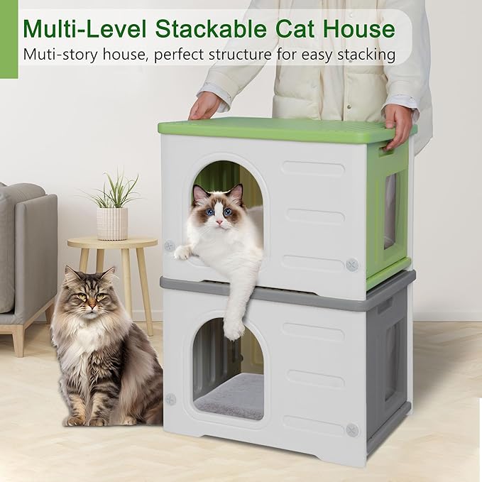 Rockever Plastic Cat House Outdoor with Escape Door, Waterproof Feral Cat House Outdoor Indoor, Sturdy Cat House for Outdoor Cats with Cat Bed Mat, Assemble Easily-Green-Mewly Pet