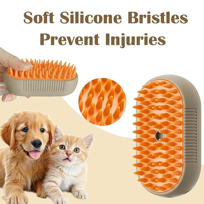 Cat Steam Brush, 3 in 1 Pet Spray Hair Removal Comb, Cats and Dogs Brush for Shedding, Rechargeable Silicone Pet Steam Brushes, Spritz Defur Comb for Massage, Cleaning and Remove Loose Hair - Khaki-Mewly Pet