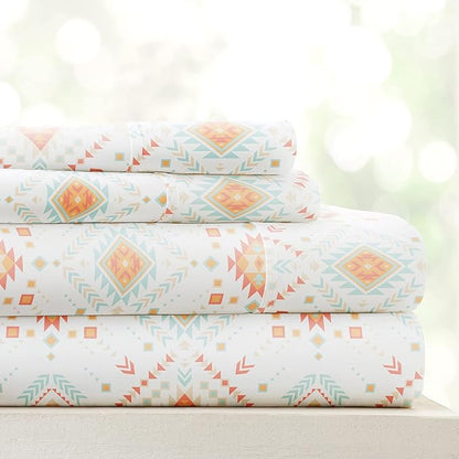 Linen Market Double-Brushed Patterned Microfiber California King Sheet Set 4 Piece – Oeko-TEX Certified Ultra Soft & Wrinkle-Free - 16" Deep Pocket Sheets Easy Care Cal-King Size - Aztec Dreams Coral
