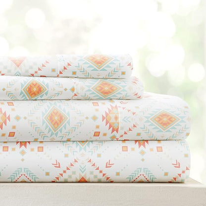 Linen Market Patterned Microfiber King Sheet Set 4 Piece – Oeko-TEX Certified Ultra Soft & Wrinkle-Free - 16" Deep Pocket Sheets - Easy Care King Size - Aztec Dreams Coral
