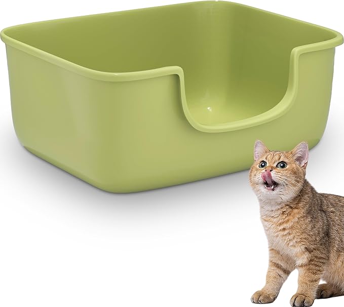 Large Cat Litter Box with High Sides, Open Kitty Litter Boxes Anti-Splashing for Indoor Cat Low Entry Cat Litter Pan for Small and Elderly Cats, Tool-Free Assembly(19.7” * 15.76” * 8.67” Green)-Mewly Pet