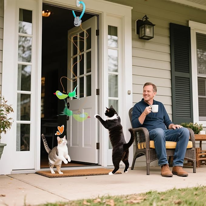 Interactive Cat Toys for Indoor Cats Automatic Electric Flying Bird Feather Wand Toy - Best Kitten & Adult Cat Enrichment Stimulation Toy Hanging Electric Kitty Toys for Bored Cats（Blue White）-Mewly Pet