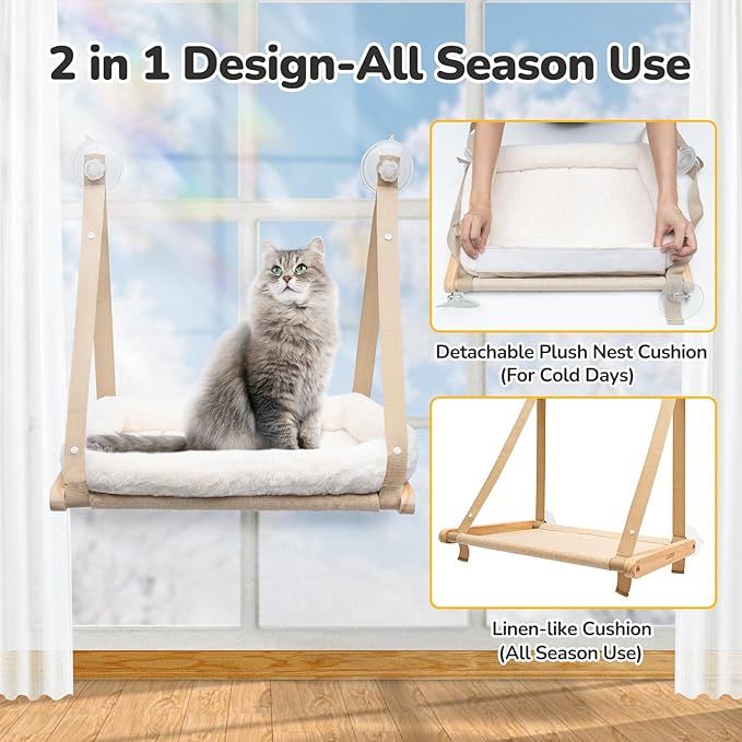 CATISM Cushion Cat Window Perch - Hammock - Window - Seat - Home - Cat Bed for Small to Medium Indoor Cats, Wooden, Machine Washable Cover, Foldable (Khaki, Cushion Bed Cover)-Mewly Pet