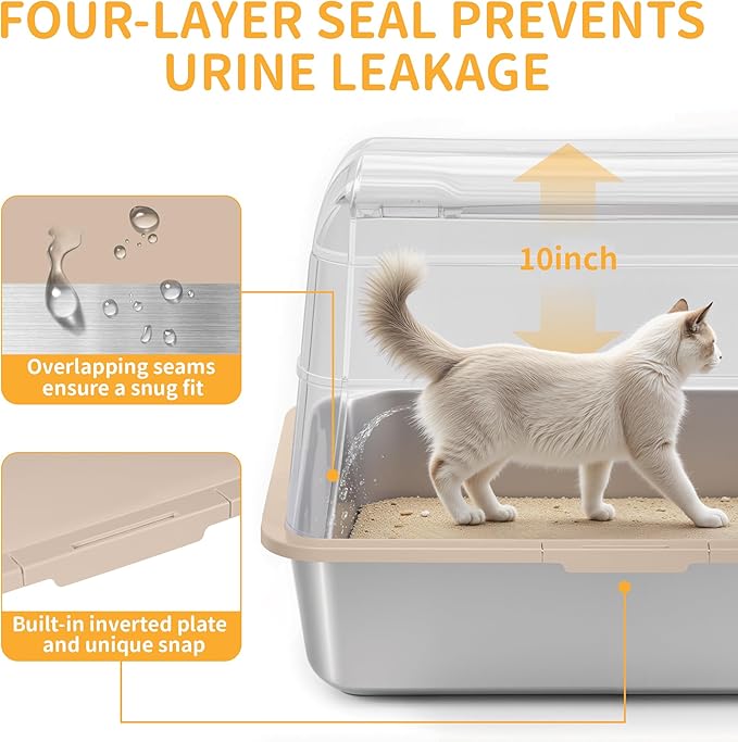 Stainless Steel Litter Box with Lid, XL Extra Large Cat Litter Box, Enclosed Metal Litter Pan with High Sided Enclosure & Scoop, Anti Leakage, Easy to Clean, Odor Control(Khaki)-Mewly Pet