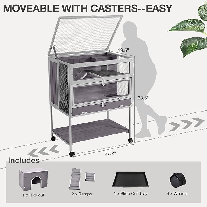 Guinea Pig Cage, Moveable Metal Frame Hamster Cage Anti-Chewing with Aluminium Alloy Edge, Hideouts, Ramps, Seesaws Chewing Toy, Deeper Pull-Out Leakproof Tray for Indoor Outdoor（White）-Mewly Pet