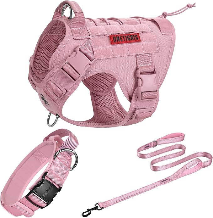 OneTigris Pink Dog Harness Leash Collar Set,Adjustable Dog Vest Harness for Walking Hiking Training(Medium)-Mewly Pet