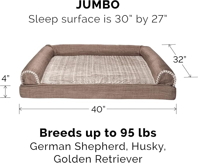 Furhaven Cooling Gel Dog Bed for Large Dogs w/ Removable Bolsters & Washable Cover, For Dogs Up to 95 lbs - Luxe Faux Fur & Performance Linen Sofa - Woodsmoke, Jumbo/XL-Mewly Pet
