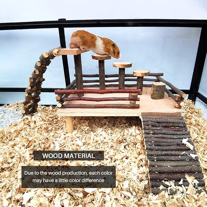 HOSUKKO Hamster Climbing Toys Wooden Hamster Playing Activity Set, Hamster Activity Playground Climb Platform Apple Wood Chewing Toys for Hamster Small Pets (D-Playground with Large Bridge)-Mewly Pet