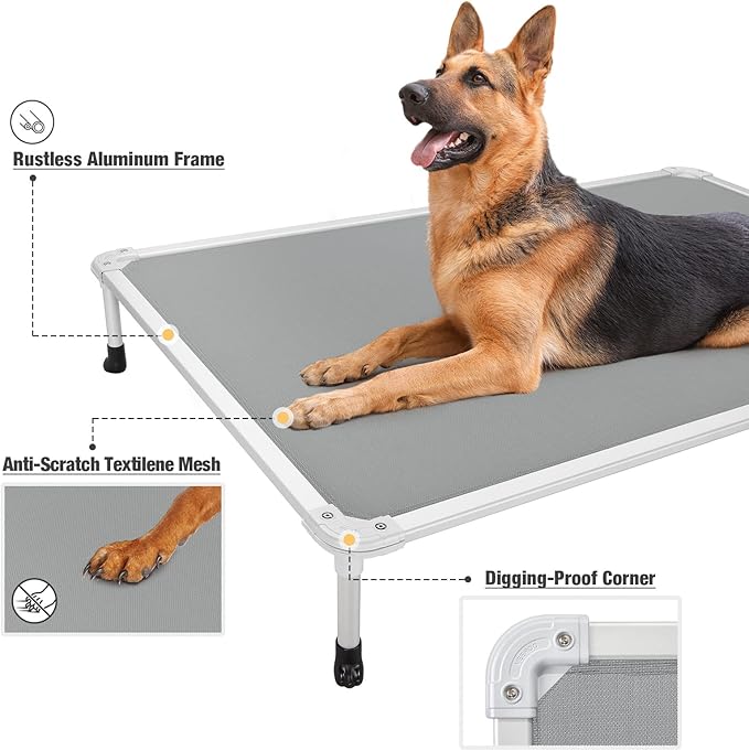Veehoo Chew Proof Elevated Dog Bed - Cooling Raised Pet Cot - Silver Aluminum Frame and Durable Textilene Mesh Fabric, Unique Designed No-Slip Feet for Indoor or Outdoor Use, Grey, XX-Large, CWC2003-Mewly Pet