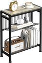 Narrow Side Table for Small Space, 3-Tier End Table with Magazine Holder, Slim Nightstand with Wire Shelf, Skinny Bedside Table in Living Room, Bedroom, Study, Kitchen and Balcony(Greige)