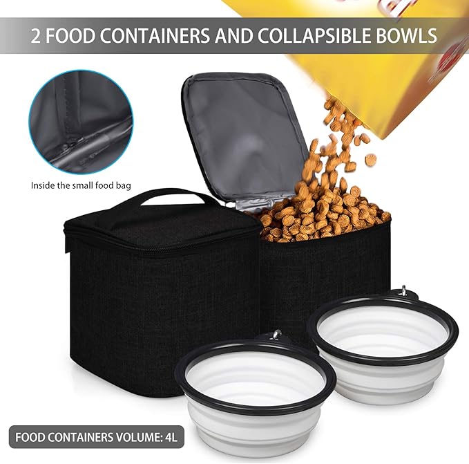 BAGLHER Pet Travel Bag, Double-Layer Pet Supplies Backpack (for All Pet Travel Supplies), Pet Travel Backpack with 2 Silicone Collapsible Bowls and 2 Food Baskets Black-Mewly Pet