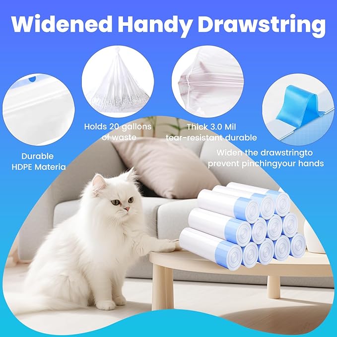 120 Pack Jumbo Cat Litter Bags-3MIL Extra Thick Leakproof Litter Box Liners, 37"x18" Heavy Duty Drawstring Cat Litter Liners for Automatic Litter Box, Odor Control Disposable Kitty Litter Bags 12 Roll-Mewly Pet