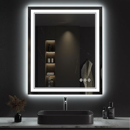 Lighted Mirror, 30x36 Inch Gradient Front and Backlit LED Mirror, 3 Colors Dimmable CRI>90 Double Lights, IP54 Enhanced Anti-Fog, Hanging Plates Wall Mount LED Bathroom Mirror