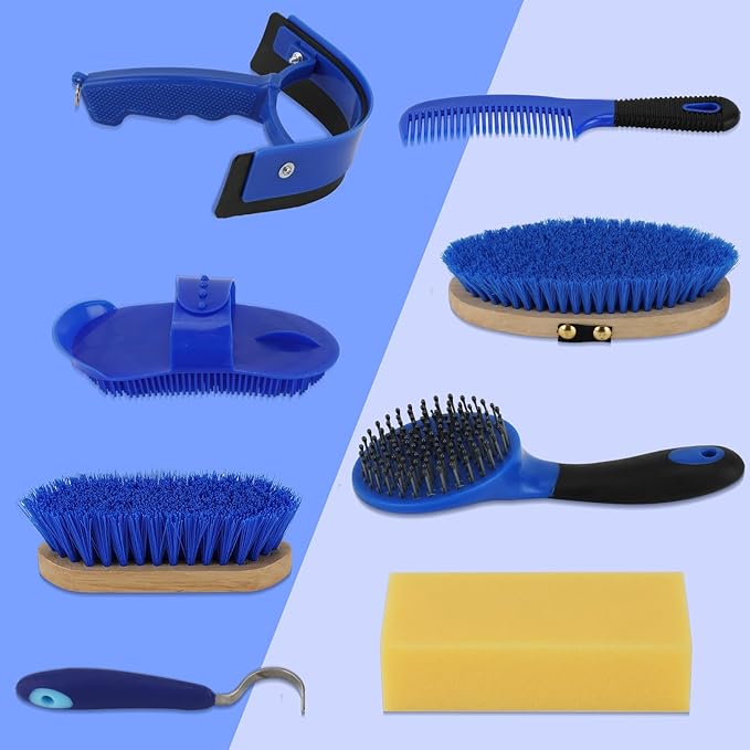 9 Pieces Grooming Kit with Tote Bag - Horse Brush Set, Sweat Scraper, Sponge, Hoof Pick, Curry Comb for Riders and Beginners (Blue)-Mewly Pet