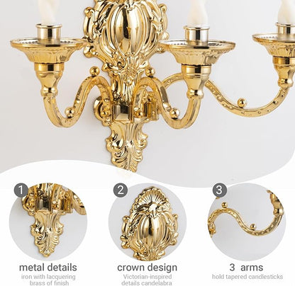 3-Candle Wall Sconces,Victorian Metal Wall Mounted Candlestick,Gold Crown Candle Holders for Tapered Candle,Gothic Antique Candelabra,Brass Baroque Decor for Living Rooms Hallways(1pack