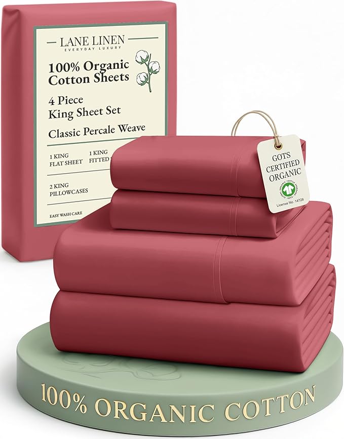 LANE LINEN 100% Organic Cotton Bedsheets King Size Bed, Soft & Comfy Luxury Hotel Style Percale Cooling Sheets King Size, Oeko Tex Certified Sustainably Produced Cotton Sheets- Mineral Red