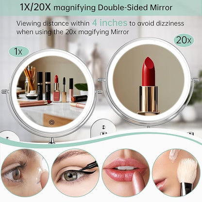 FUNTOUCH 2500mAh Rechargeable Wall Mounted Lighted Makeup Vanity Mirror 8 Inch Double Sided 1X 20X Magnifying Bathroom Mirror, 3 Color Lighting, Touch Dimming, Extended Arm 360° Light up Mirror
