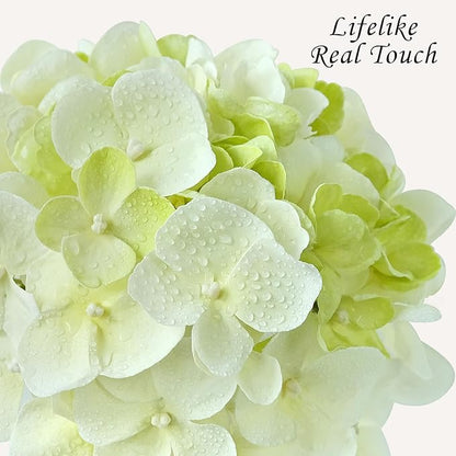 Hydrangea Artificial Flowers, Green/White 4Pcs 21” Latex Real Touch Flowers, Full Faux Silk Flowers Fake Artificial Hydrangeas with Stems for Bouquet Table Centerpieces Wedding Baby Showers