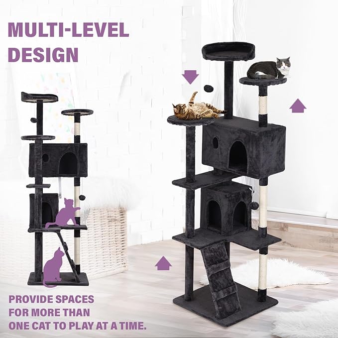 70 inches Cat Tower for Indoor Cats Multi-Level Cat Condos for XL Cat Tree Cat Climbing Tower with Scratching Posts, Hanging Toys,Dark Gray-Mewly Pet