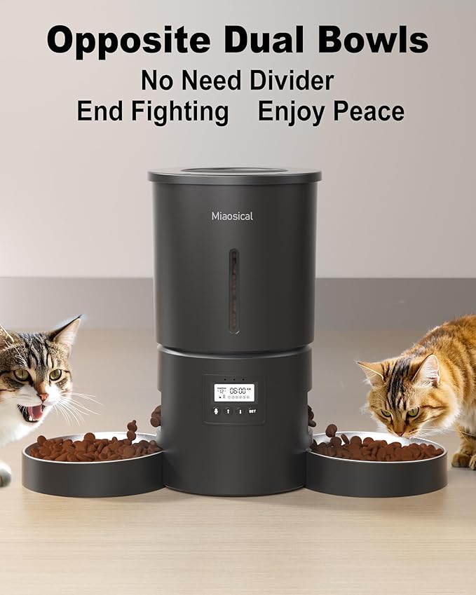Dual Automatic Cat Feeder 2 Cats,6 Meals/Day,12 Portions/Meal,4.2L Dual Power Double Bowls Feeder,Dry Food Auto Pet Dispenser,10S Voice Record,Flexible Schedule Timer (Black,Stainless Dual Bowls)-Mewly Pet