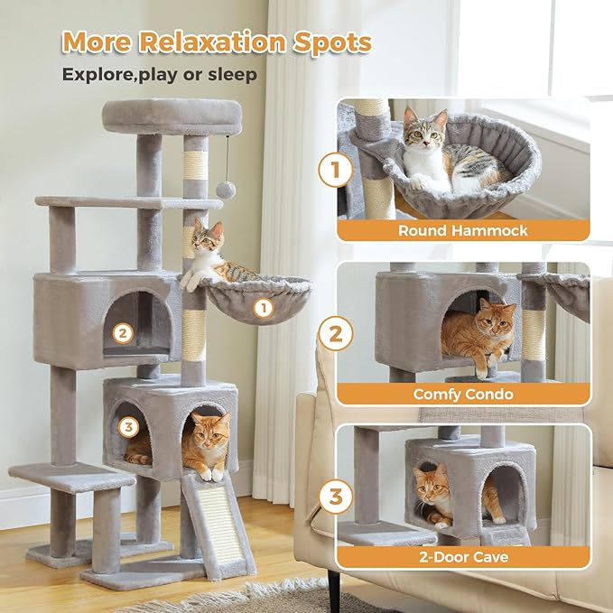 PAWZ Road Cat Tree, 51.6 Inches Cat Tower with Dual Condos, Spacious Perch, Cozy Basket and Sisal-Covered Scratching Posts for Indoor Cats- Gray-Mewly Pet