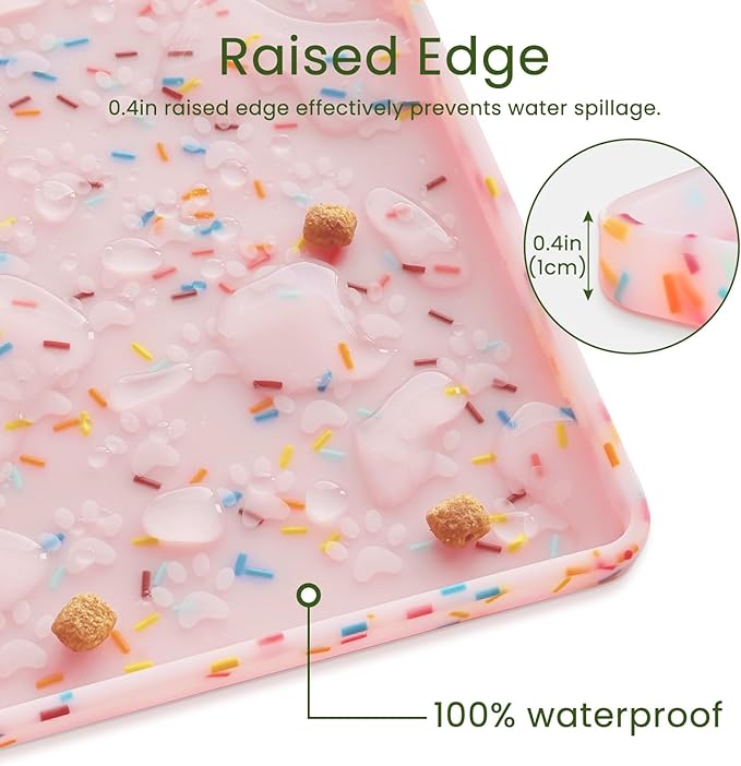 Ptlom Dog Food Mat Anti-Slip Dog Bowl Mats for Food and Water, Waterproof Pet Placemat Prevents Messy Spill to Floor, Silicone Puppy Feeding Tray for Small, Medium and Large Dogs Cats, Pink-Mewly Pet