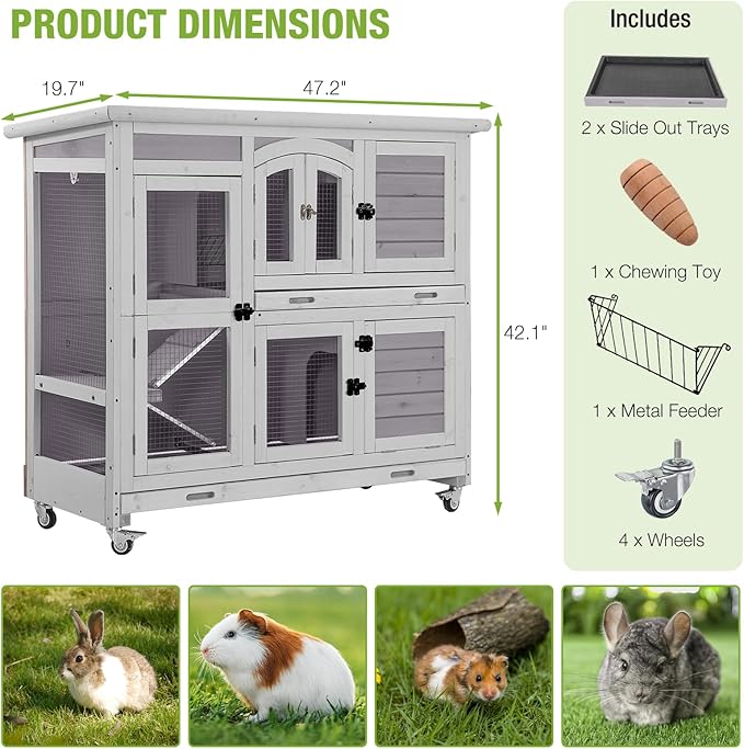 GUTINNEEN Large Rabbit Hutch Indoor with Chew-Proof Ramp, 47" Wooden Bunny Cage Guinea Pig Cages with Casters, Leak-Resistant Trays for Rabbits, Guinea Pigs, Small Animals-Mewly Pet