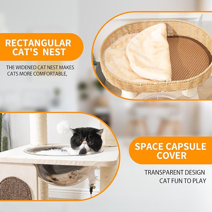 Modern Cat Tree for Indoor Cats with Sisal Rope Scratching Posts, Hand-Woven Cat Condo & Top Perch, Space Capsule Cats Nest, Cute Cat Tree with Interactive Cat Toy-Mewly Pet