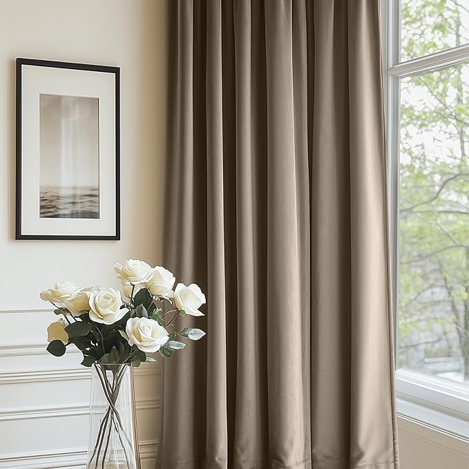 Lazzzy Velvet Blackout Curtains Thermal Insulated Room Window Drapes Super Soft Luxury Curtains for Living Room Bedroom Rod Pocket 2 Panels, Light Taupe, 52" W x 96" L